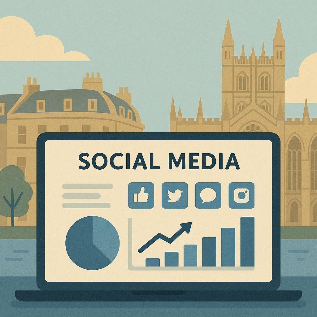 Illustration of a Bath coffee-shop owner scheduling social posts with Post Local News