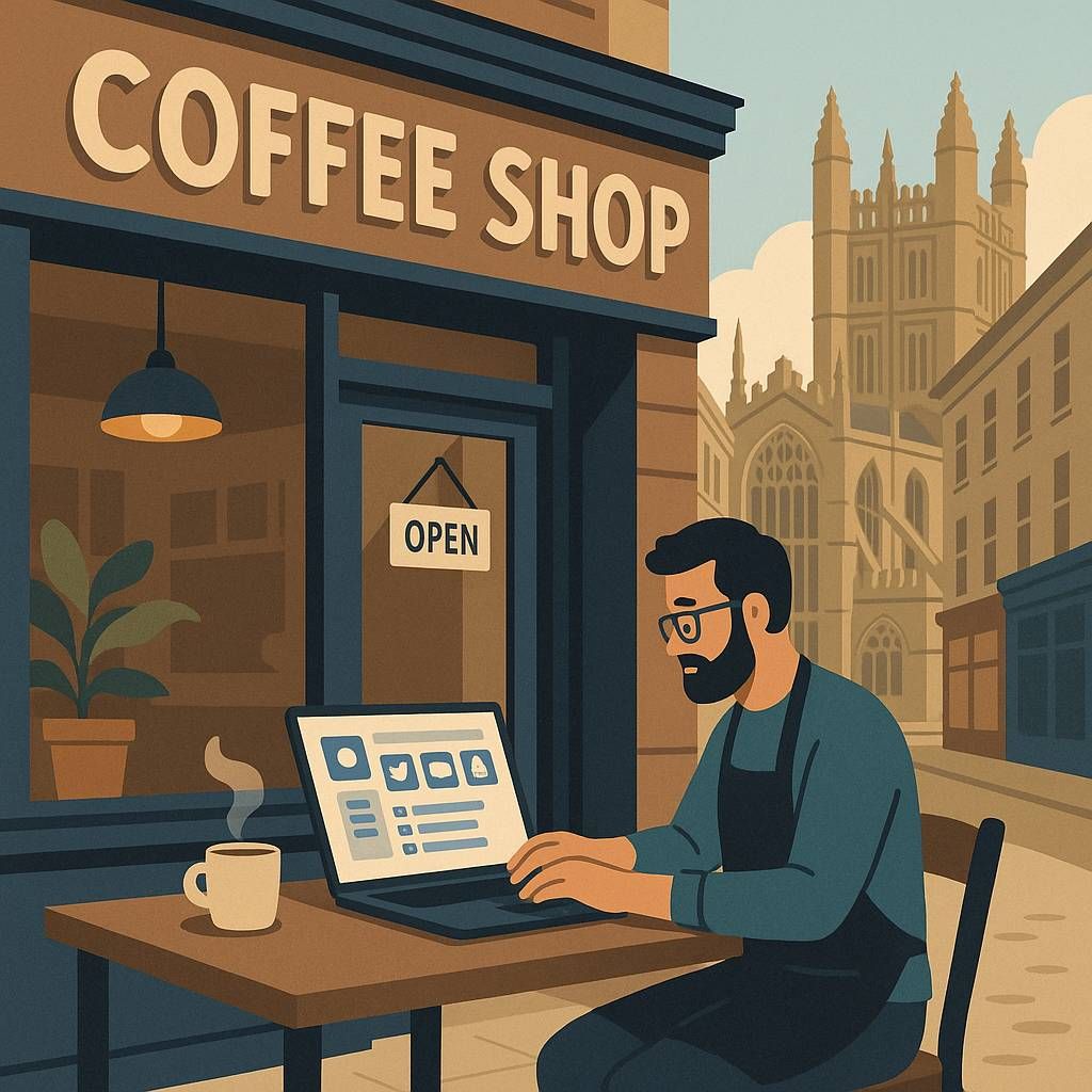 Illustration of a social analytics dashboard with Bath skyline